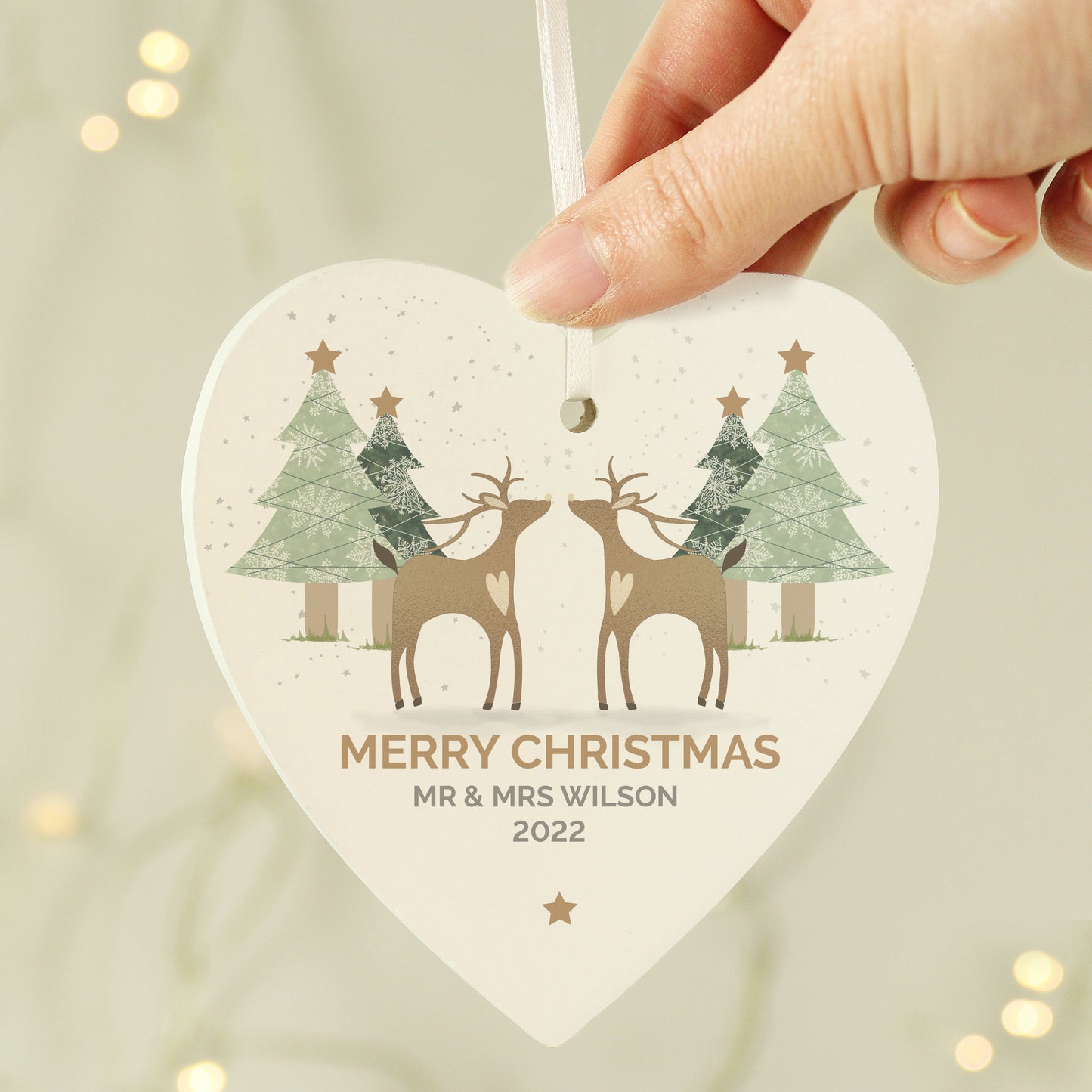 Personalised Reindeer Couple Wooden Heart Decoration - MK&JD Gifts