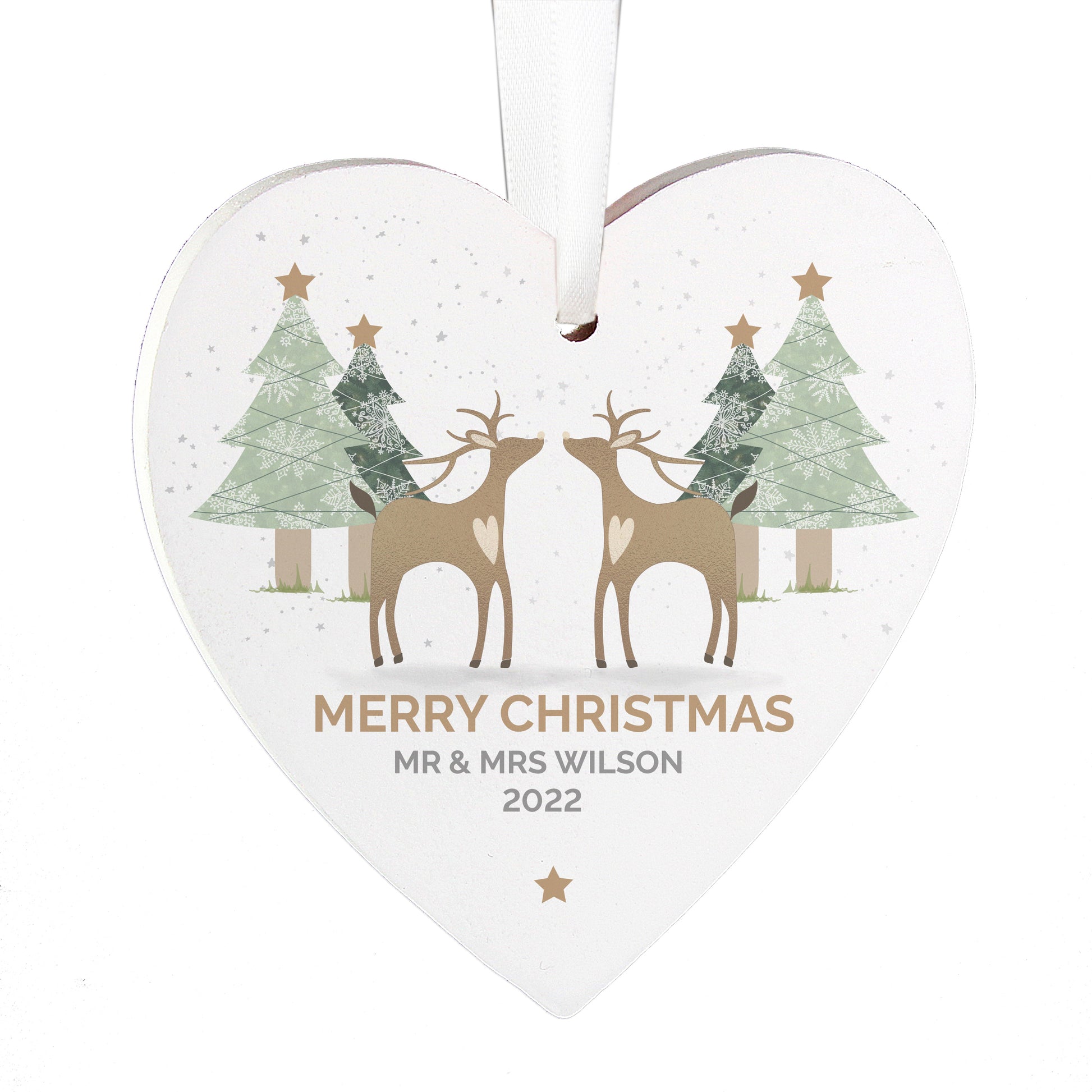 Personalised Reindeer Couple Wooden Heart Decoration - MK&JD Gifts