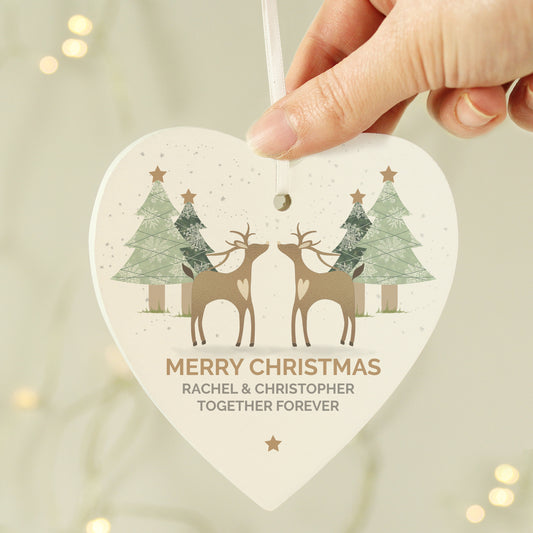 Personalised Reindeer Couple Wooden Heart Decoration - MK&JD Gifts