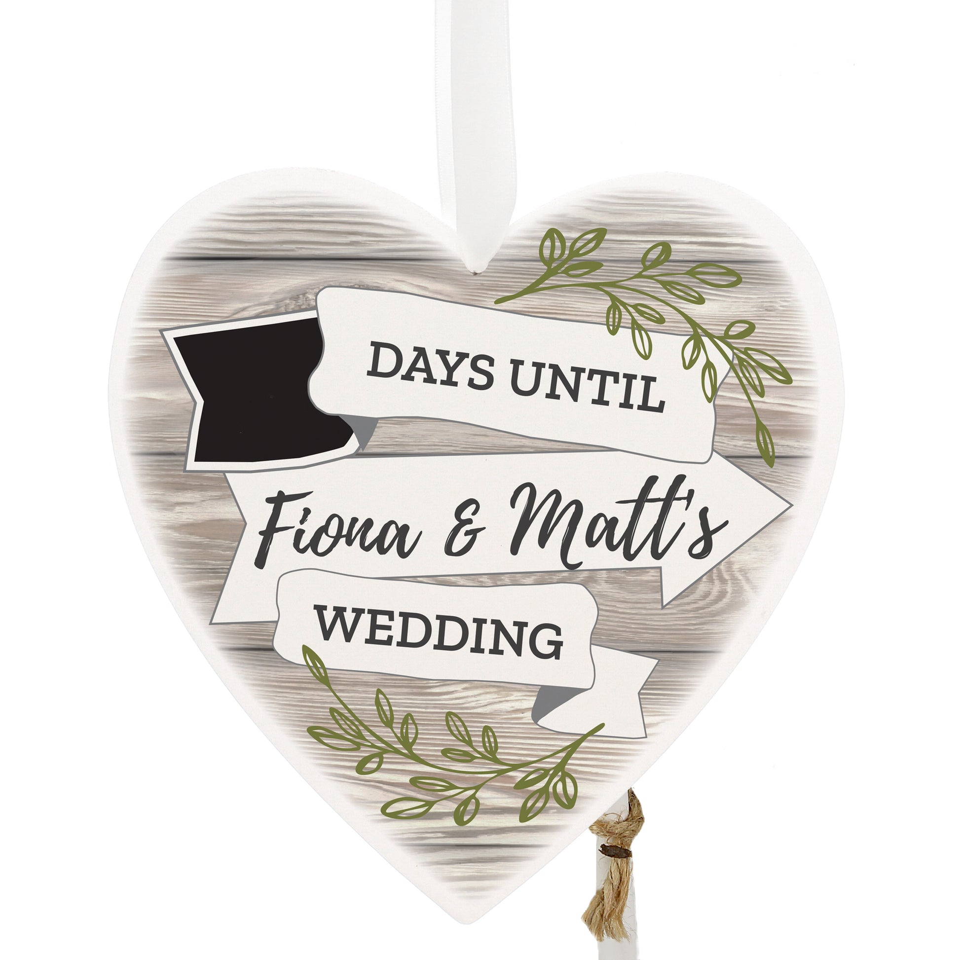 Personalised White Arrow Banner Chalk Countdown Wooden Heart Decoration - MK&JD Gifts