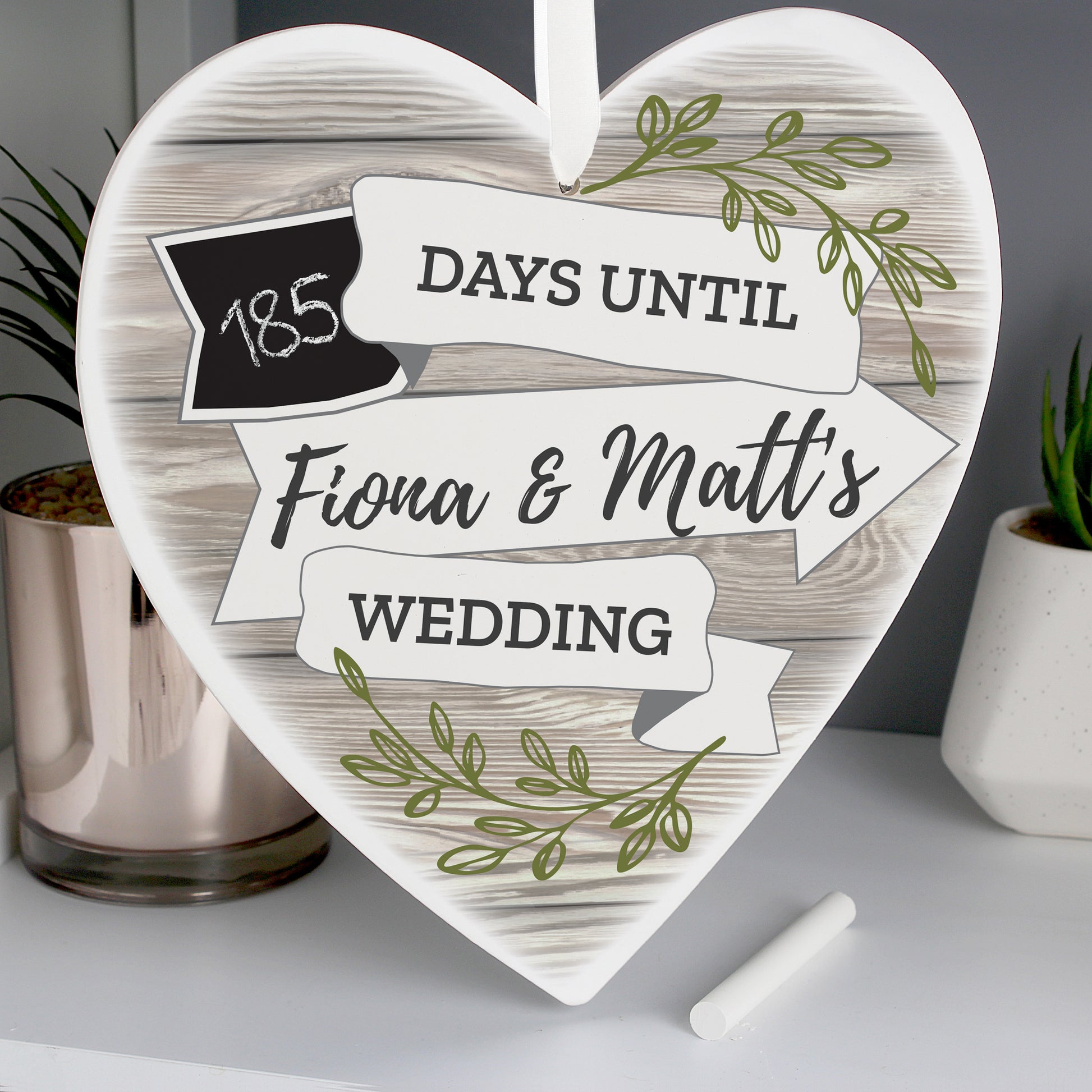 Personalised White Arrow Banner Chalk Countdown Wooden Heart Decoration - MK&JD Gifts