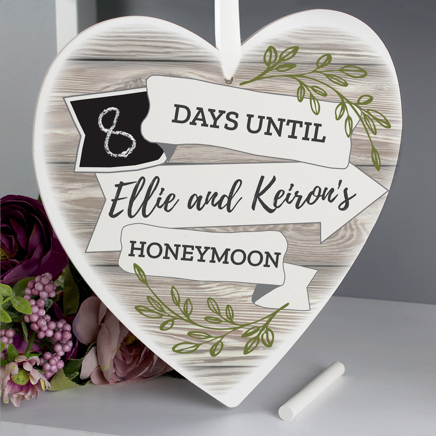 Personalised White Arrow Banner Chalk Countdown Wooden Heart Decoration - MK&JD Gifts