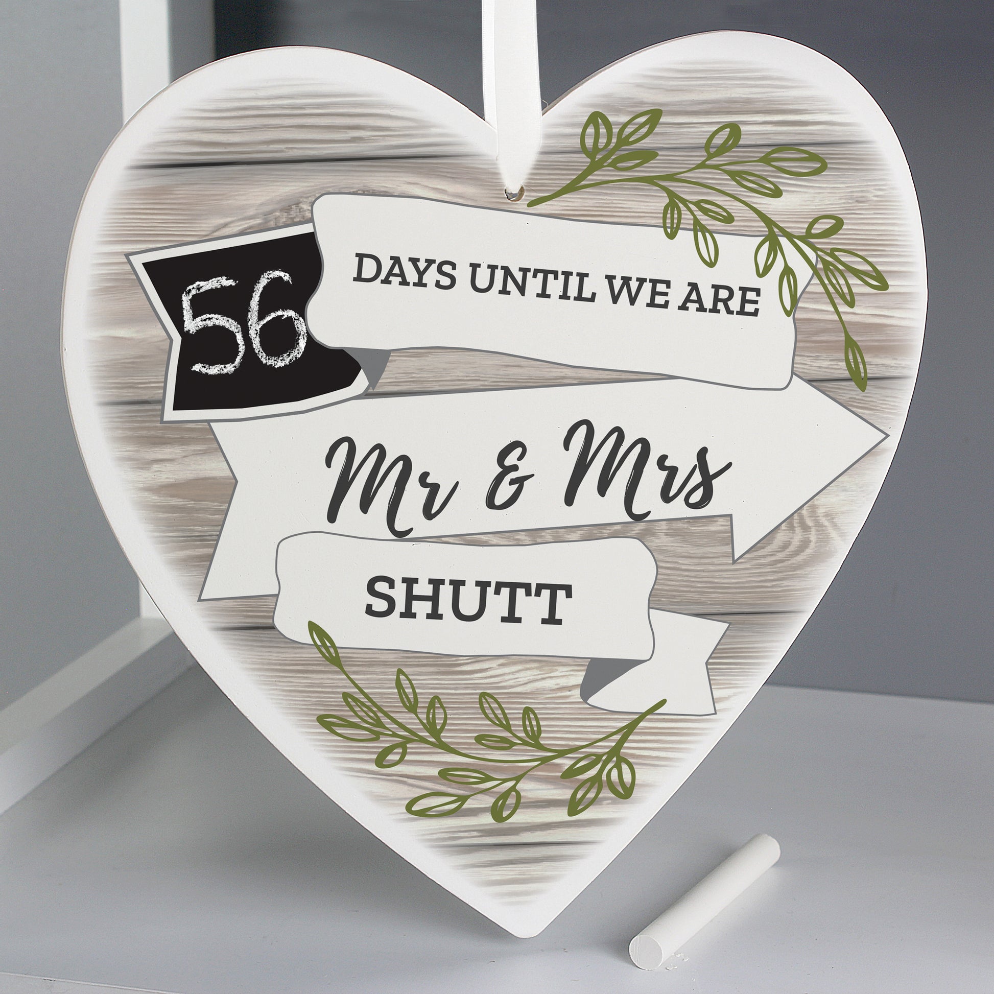 Personalised White Arrow Banner Chalk Countdown Wooden Heart Decoration - MK&JD Gifts