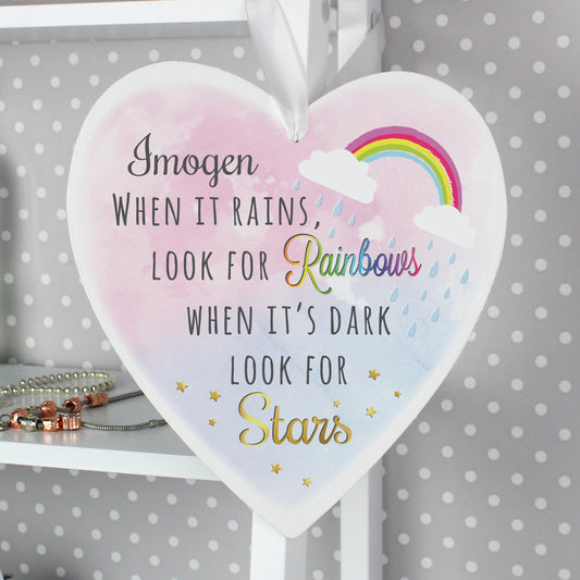 Personalised Rainbows and Stars Large Wooden Heart Decoration - MK&JD Gifts