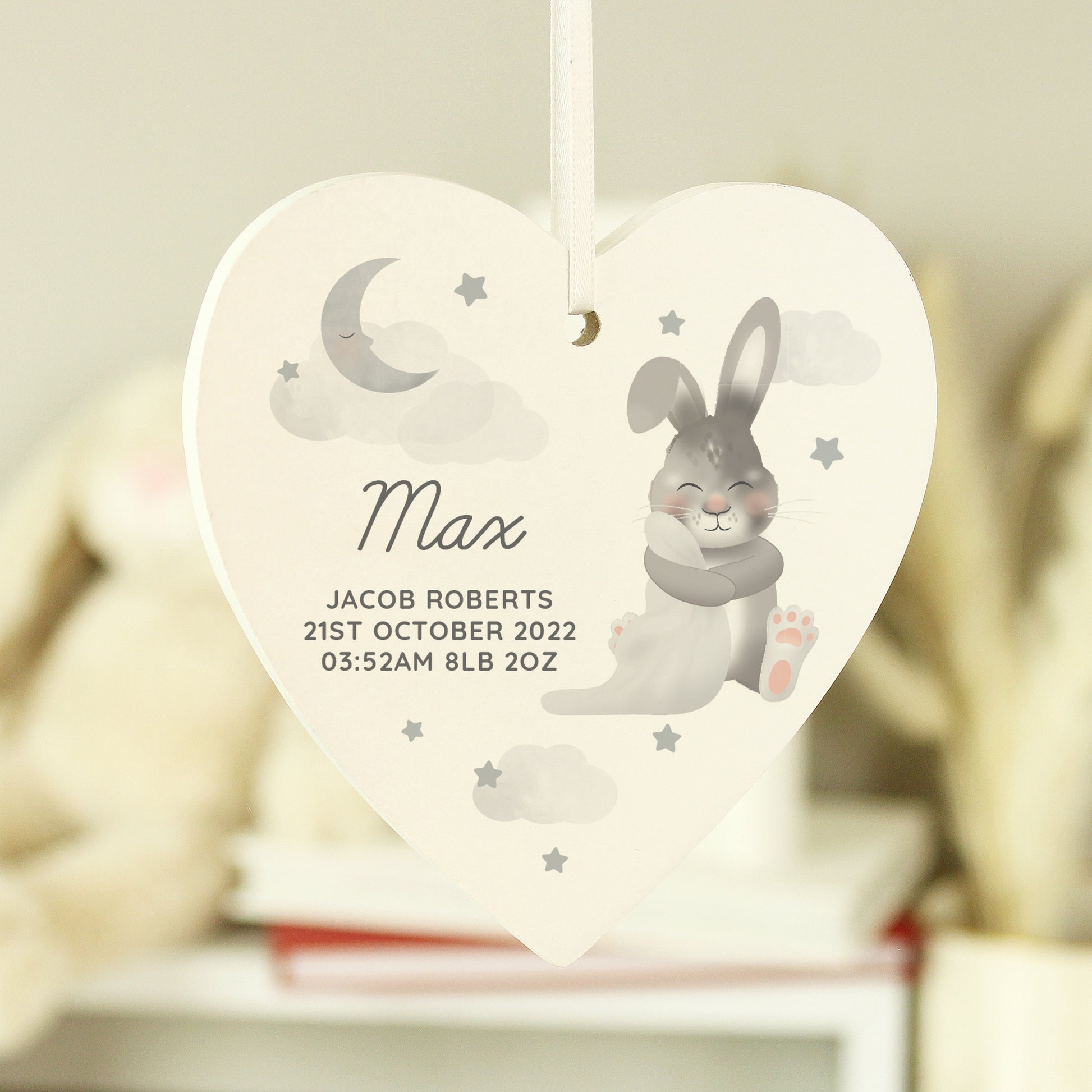 Personalised Baby Bunny Wooden Heart Decoration - MK&JD Gifts
