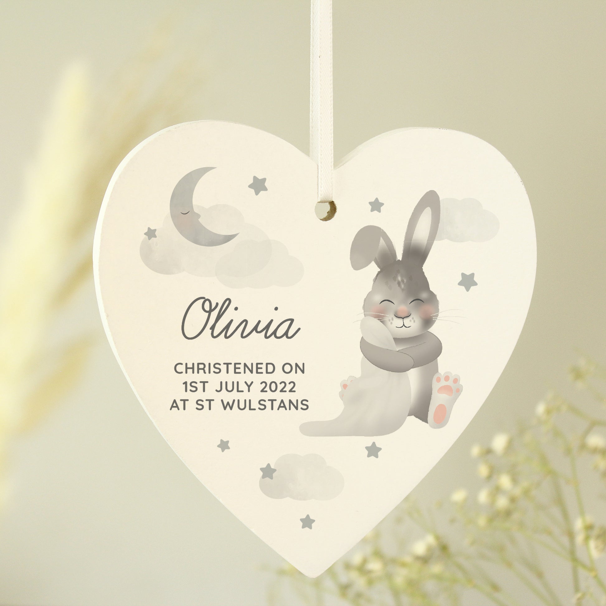 Personalised Baby Bunny Wooden Heart Decoration - MK&JD Gifts