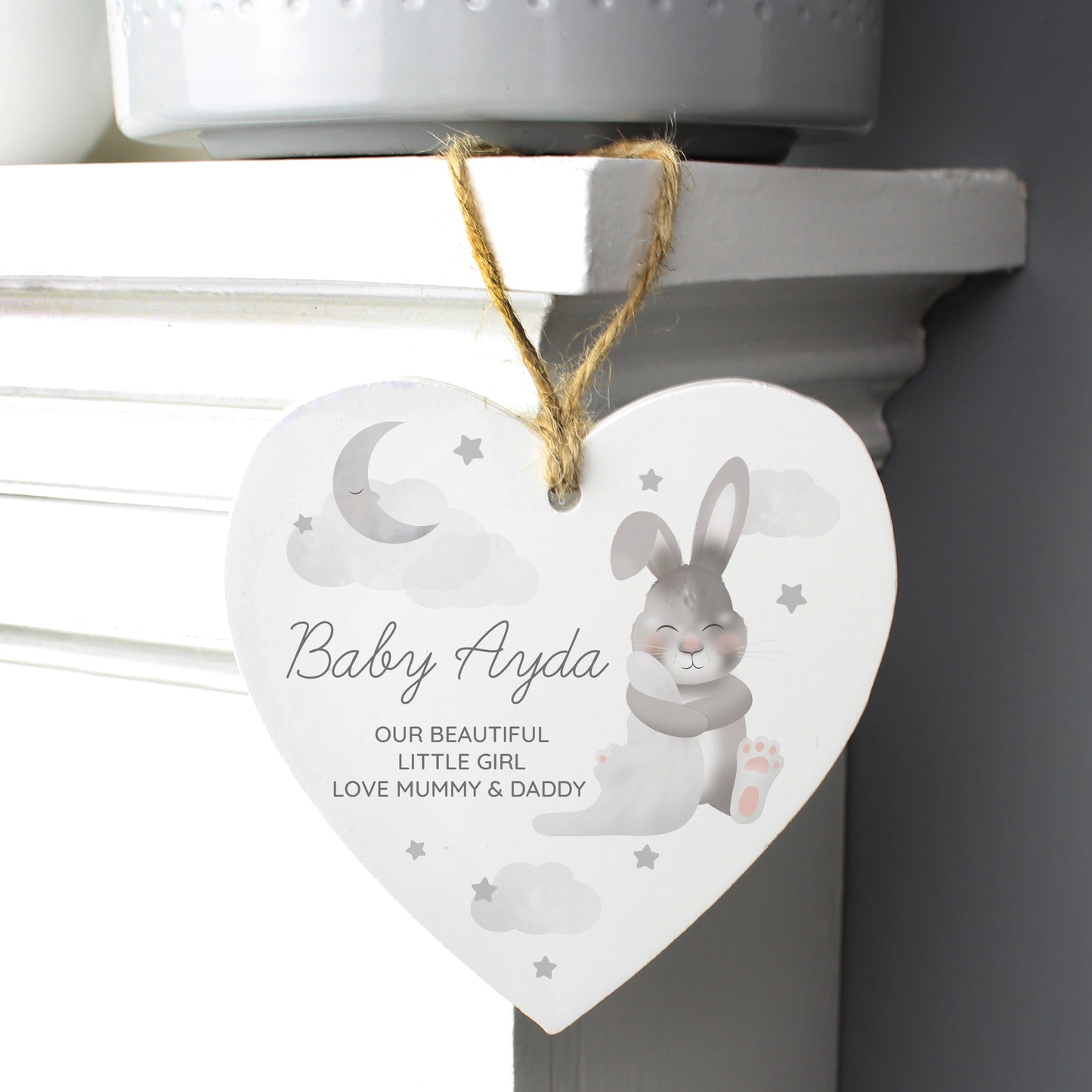 Personalised Baby Bunny Wooden Heart Decoration - MK&JD Gifts