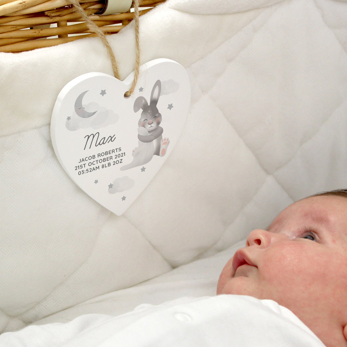 Personalised Baby Bunny Wooden Heart Decoration - MK&JD Gifts