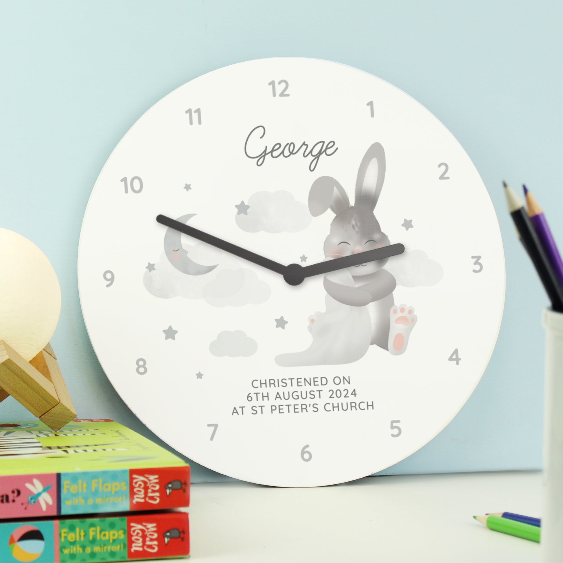 Personalised Baby Bunny White Wooden Clock - MK&JD Gifts