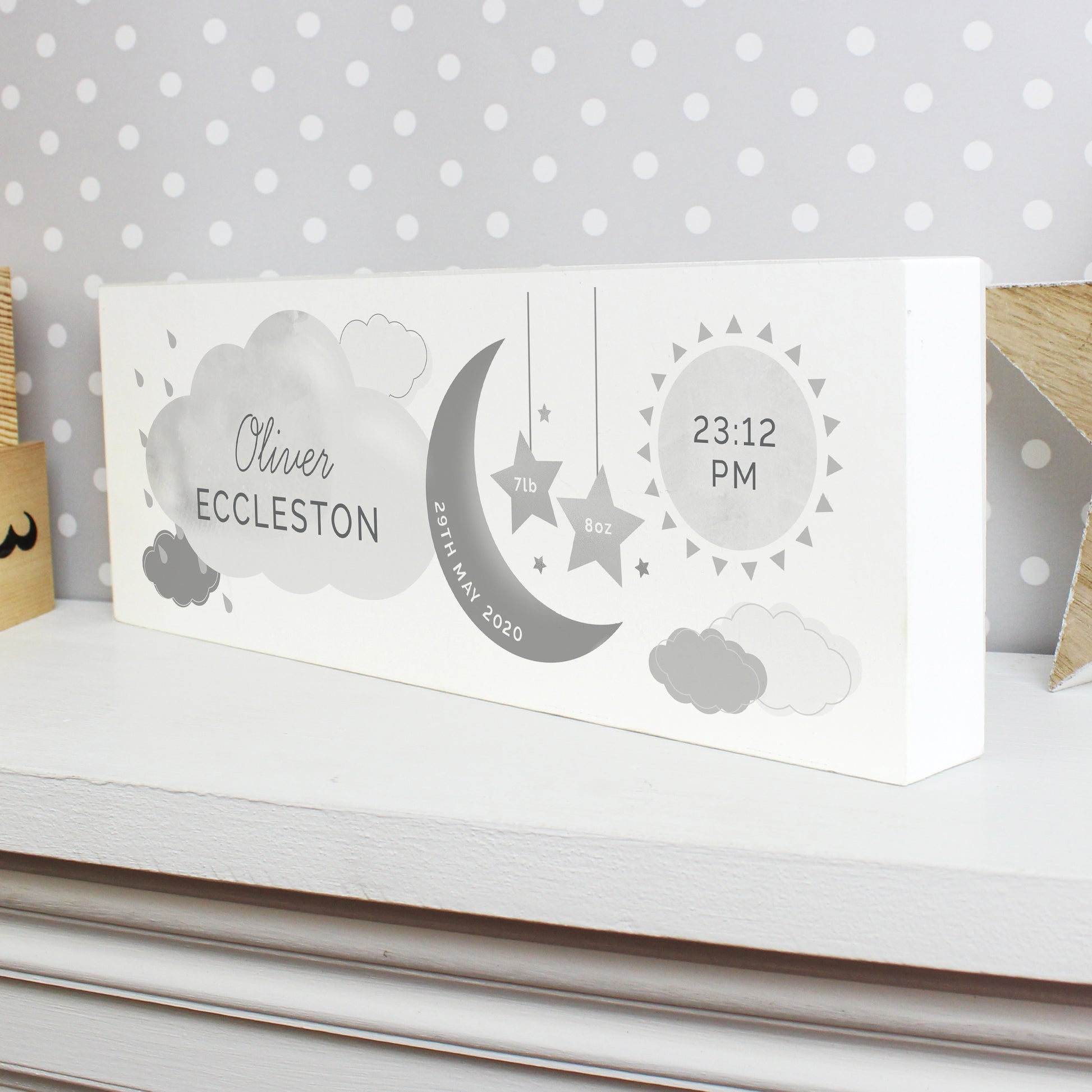 Personalised New Baby Moon & Stars Wooden Mantel Decoration - MK&JD Gifts