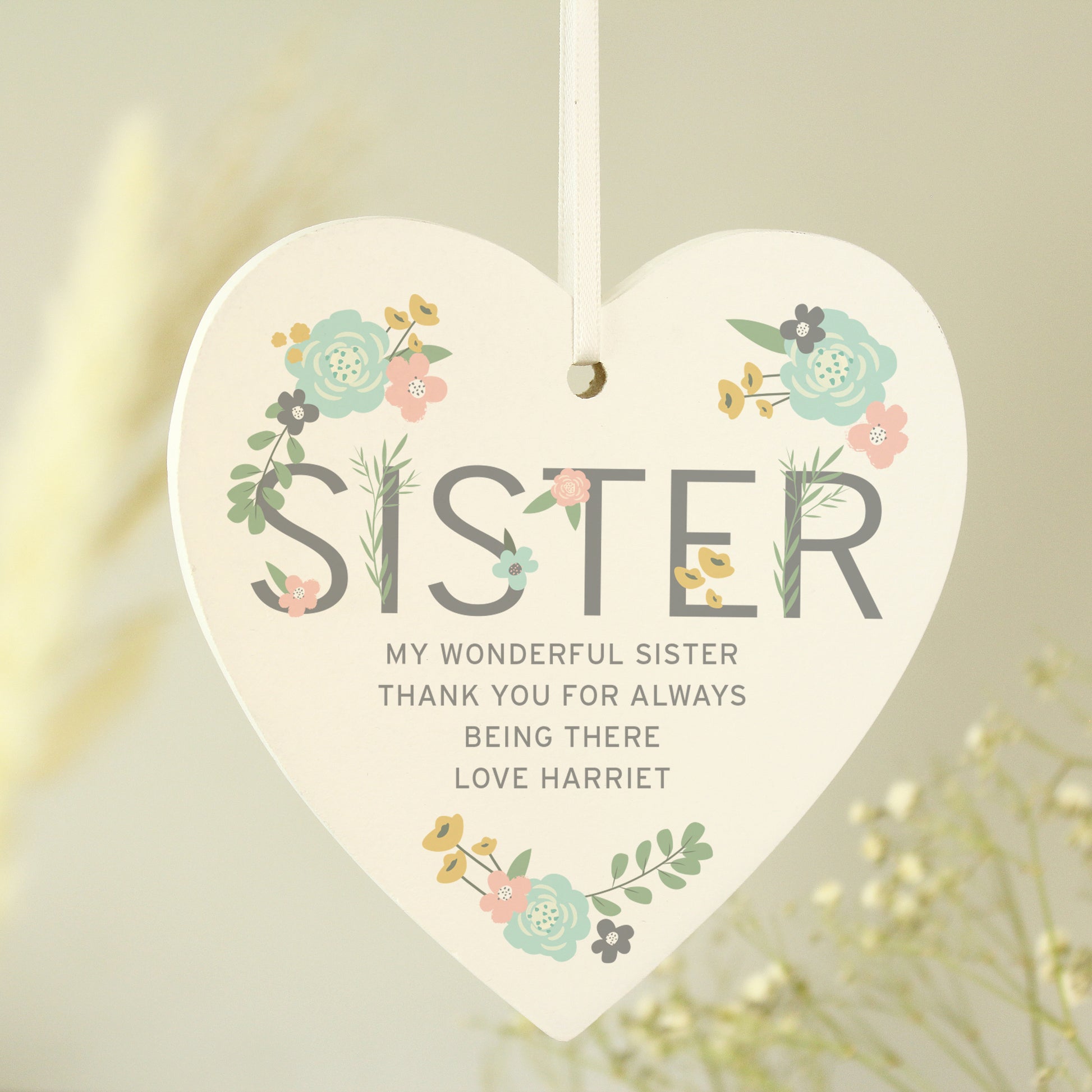 Personalised Sister Floral Wooden Heart Decoration - MK&JD Gifts
