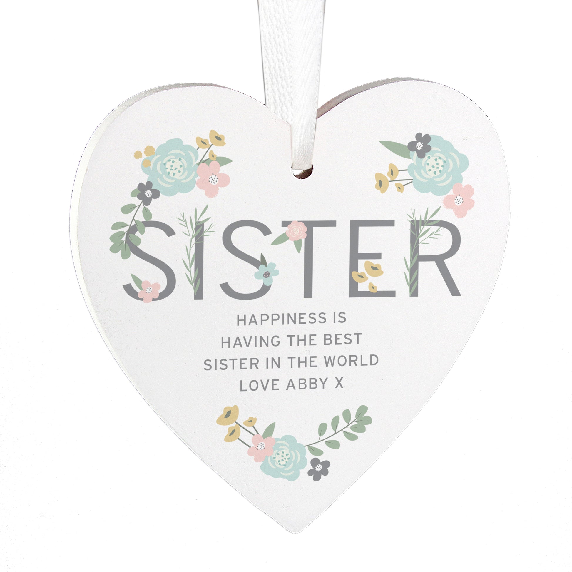 Personalised Sister Floral Wooden Heart Decoration - MK&JD Gifts
