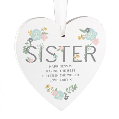 Personalised Sister Floral Wooden Heart Decoration - MK&JD Gifts