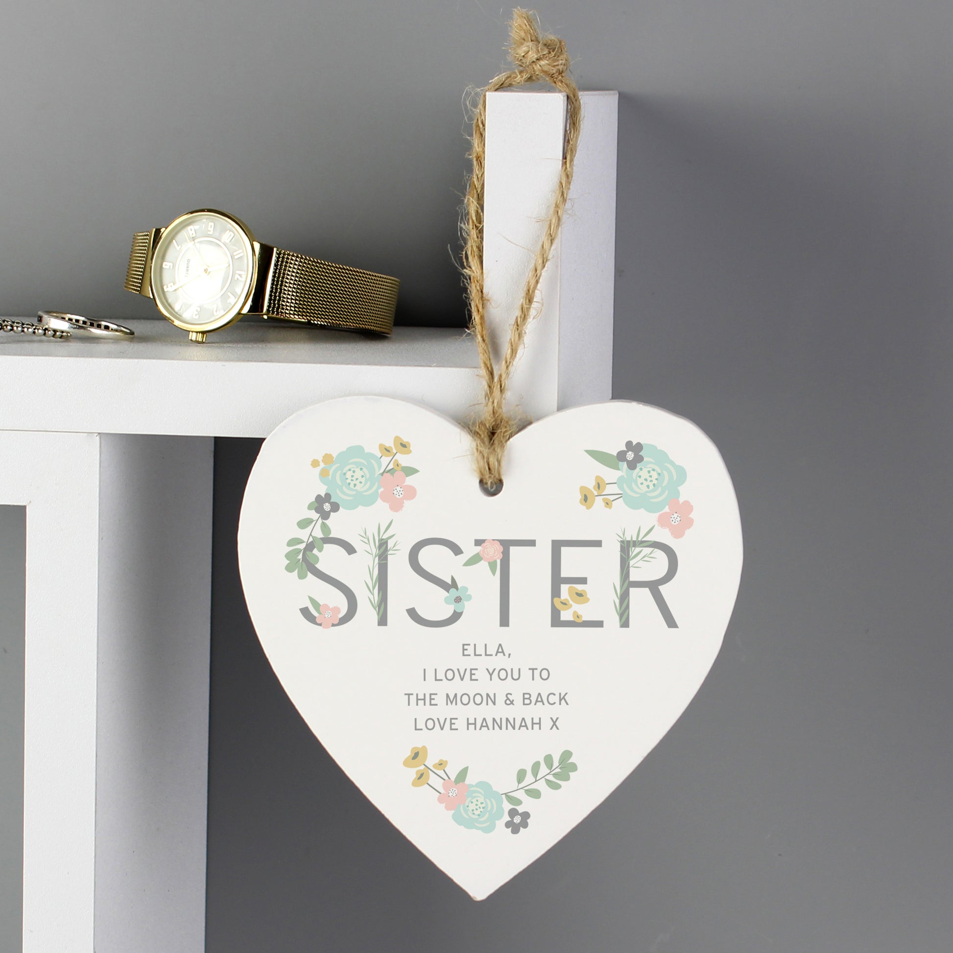 Personalised Sister Floral Wooden Heart Decoration - MK&JD Gifts