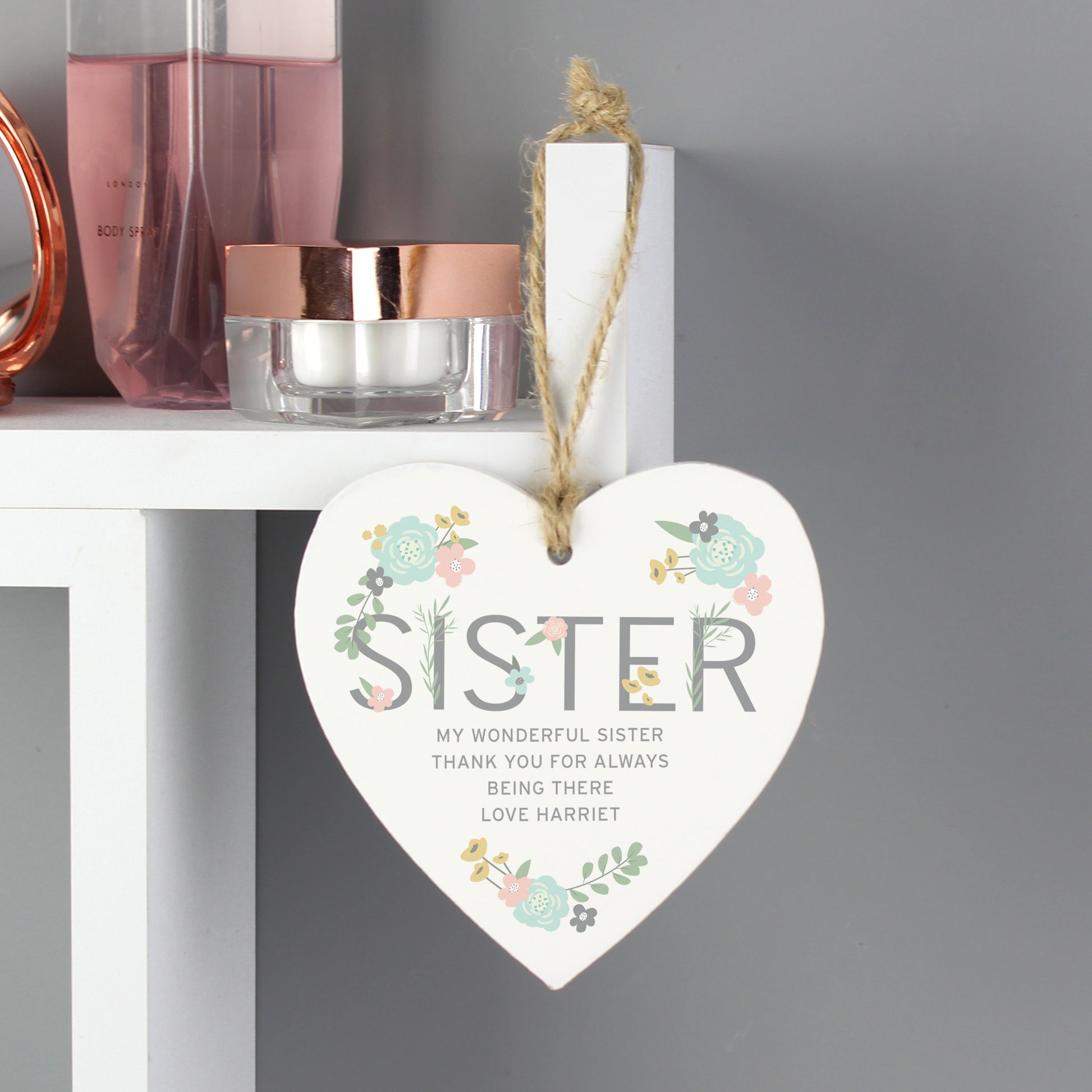 Personalised Sister Floral Wooden Heart Decoration - MK&JD Gifts