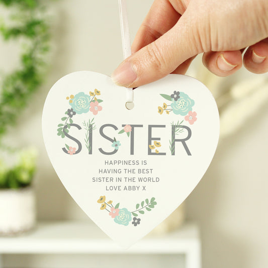 Personalised Sister Floral Wooden Heart Decoration - MK&JD Gifts