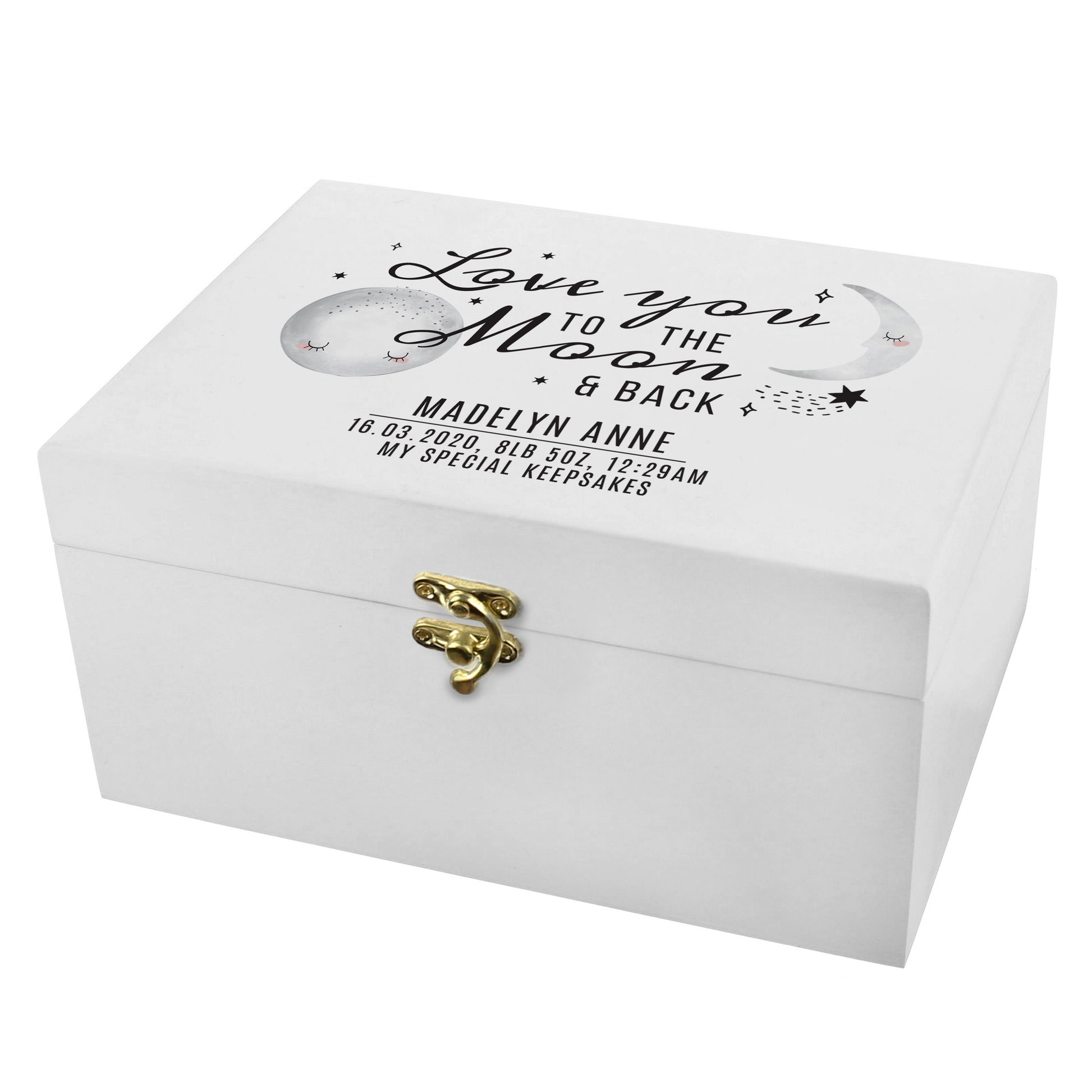 Personalised Baby To The Moon and Back White Wooden Keepsake Box - MK&JD Gifts