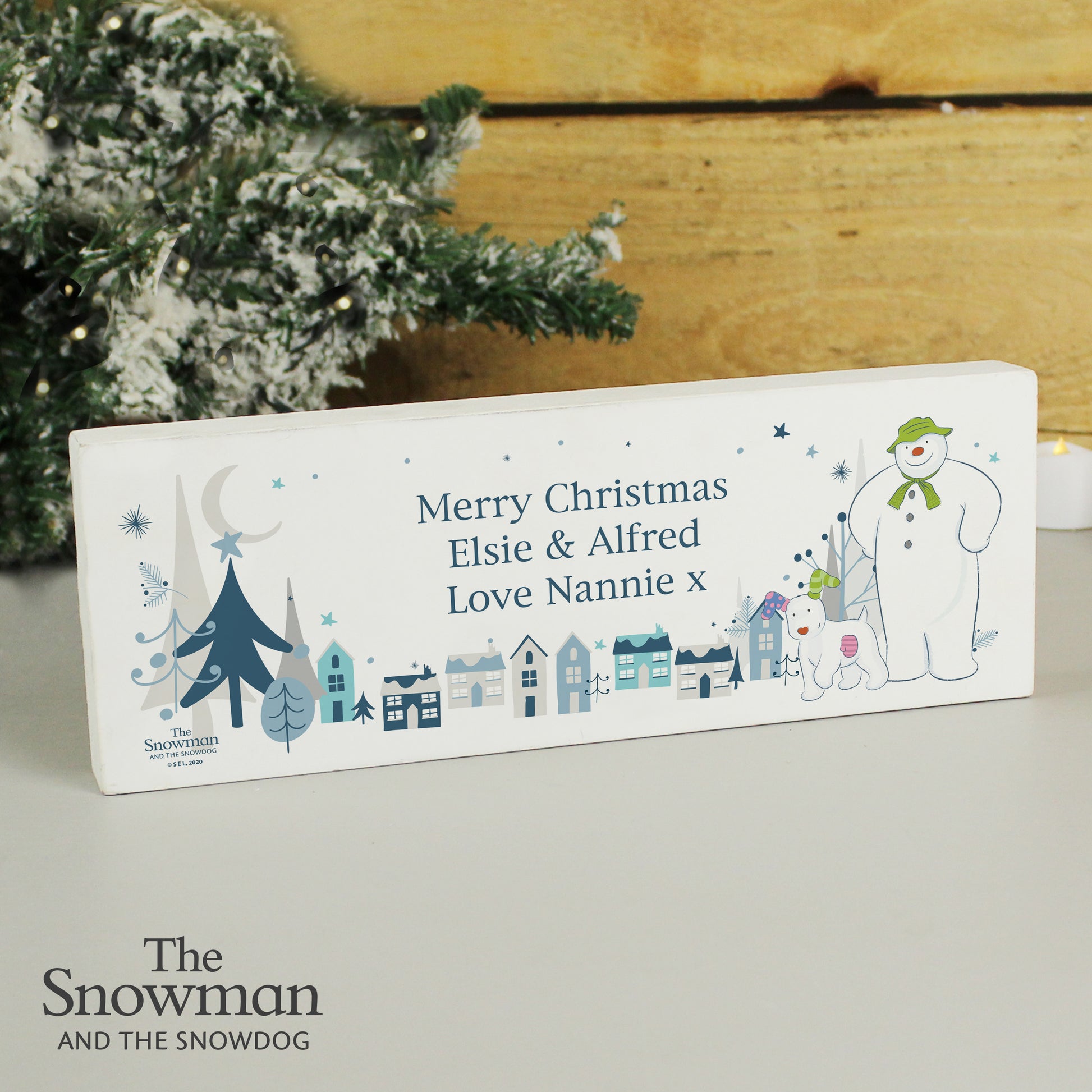 Personalised The Snowman and the Snowdog Wooden Mantel Decoration - MK&JD Gifts