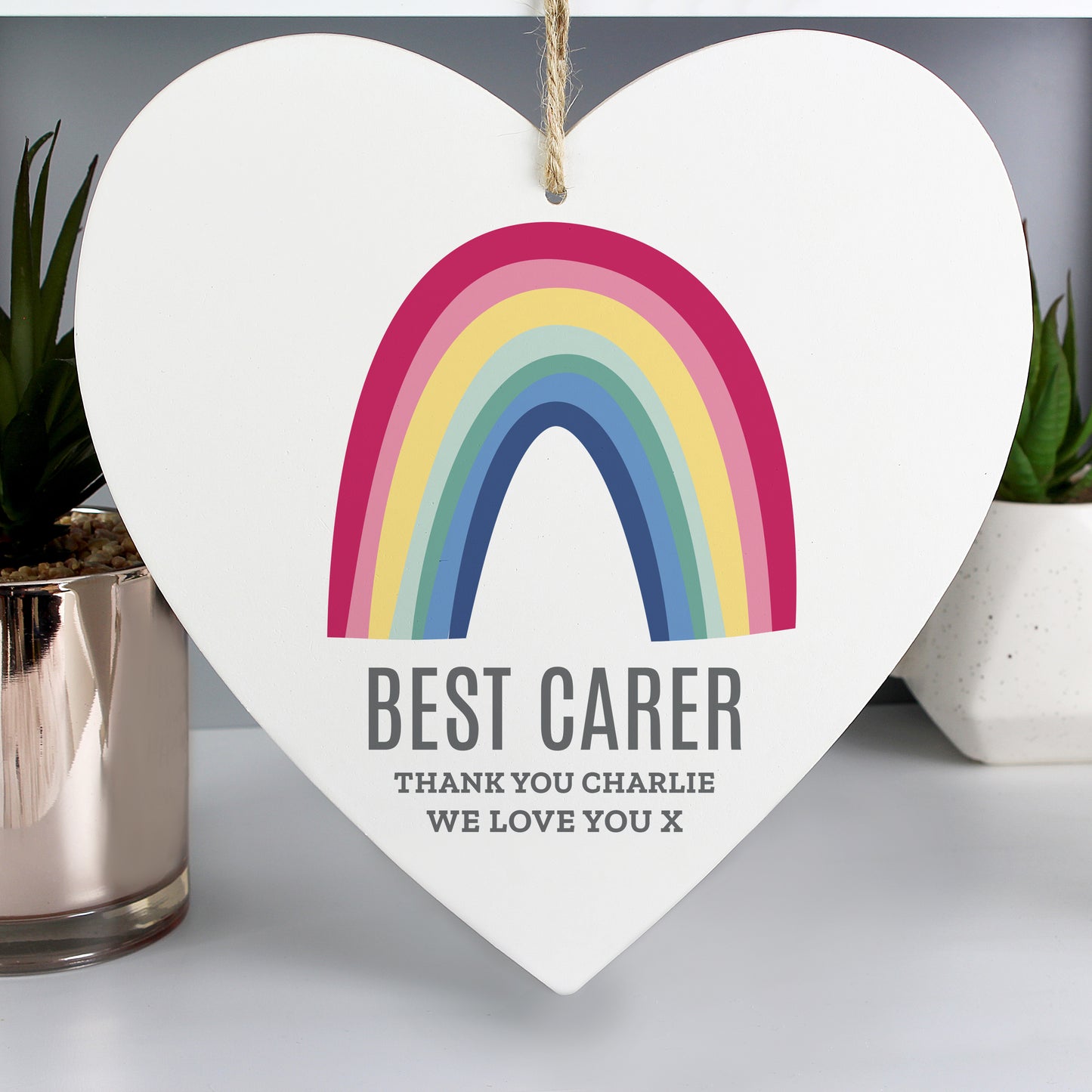 Personalised Rainbow Large Wooden Heart Decoration