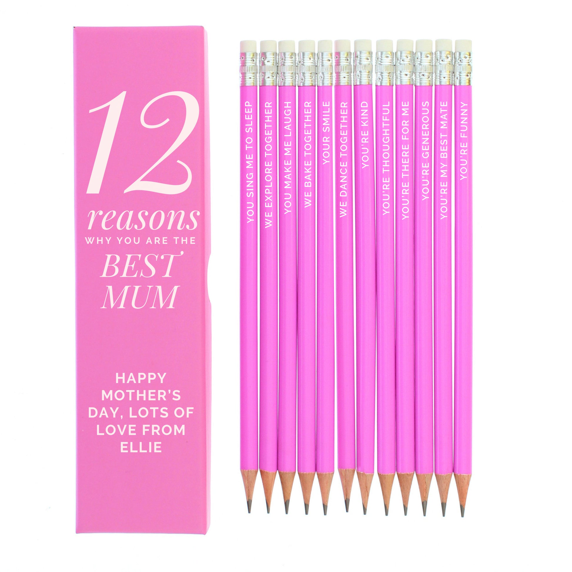 Personalised 12 Reasons Box and 12 Pink HB Pencils - MK&JD Gifts