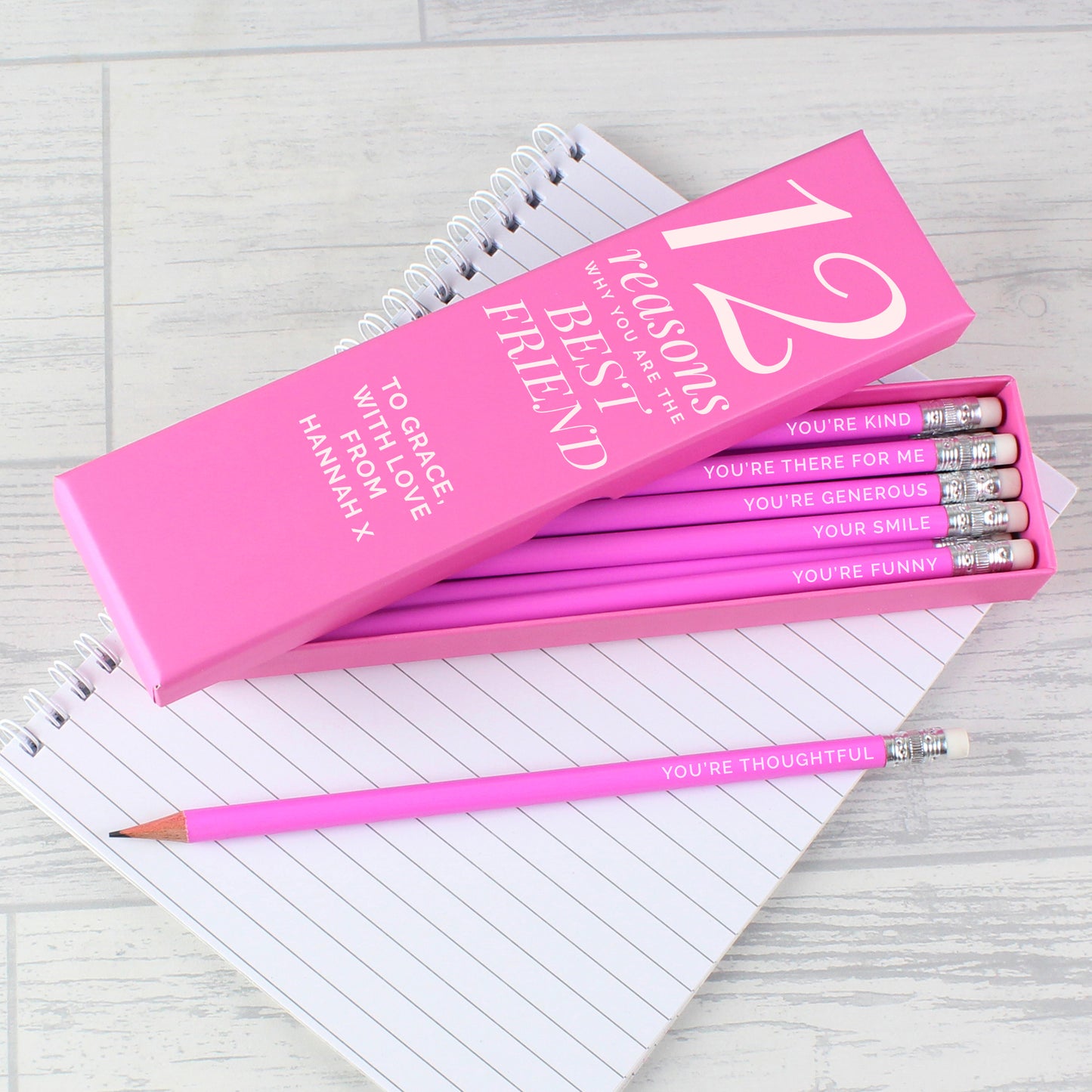 Personalised 12 Reasons Box and 12 Pink HB Pencils - MK&JD Gifts