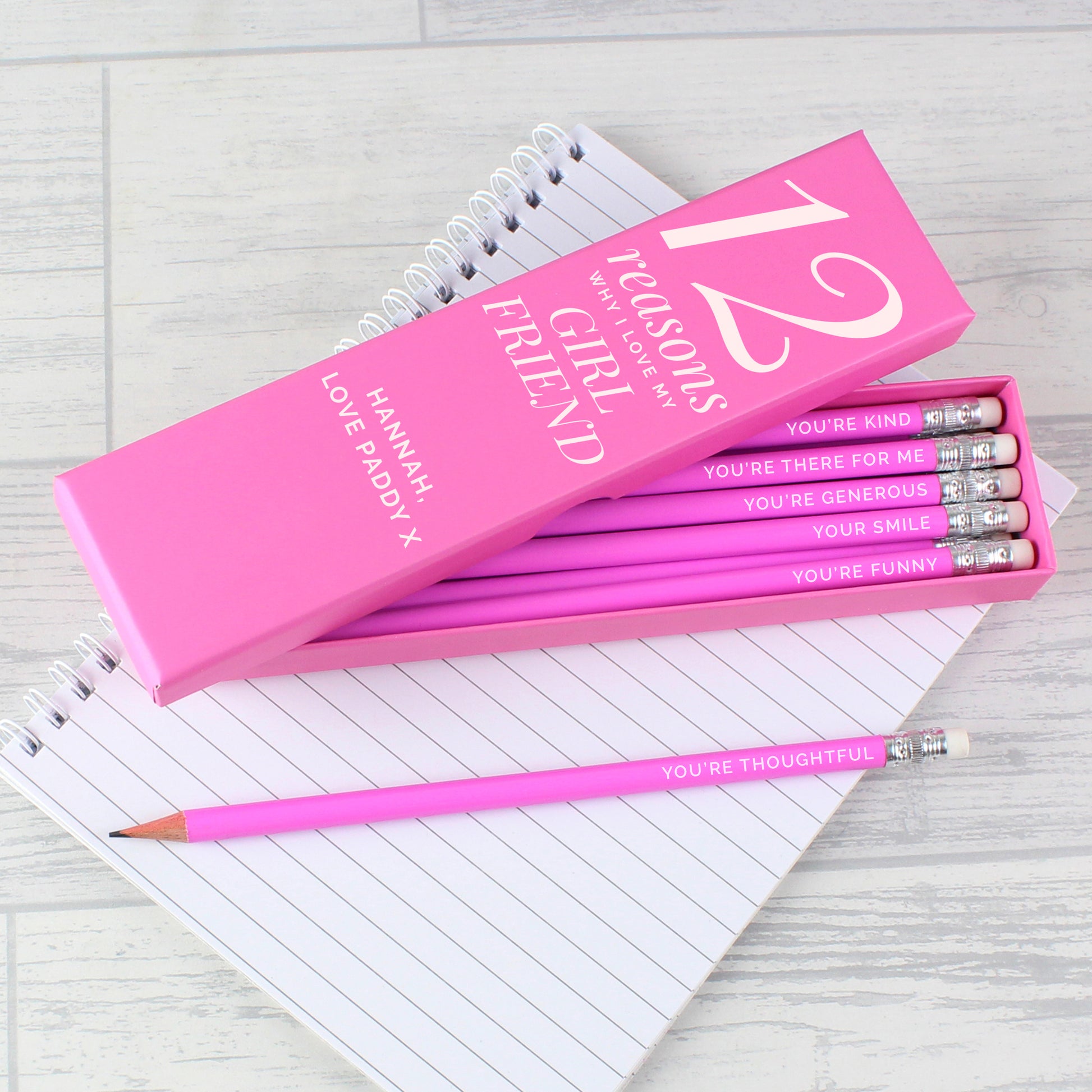 Personalised 12 Reasons Box and 12 Pink HB Pencils - MK&JD Gifts