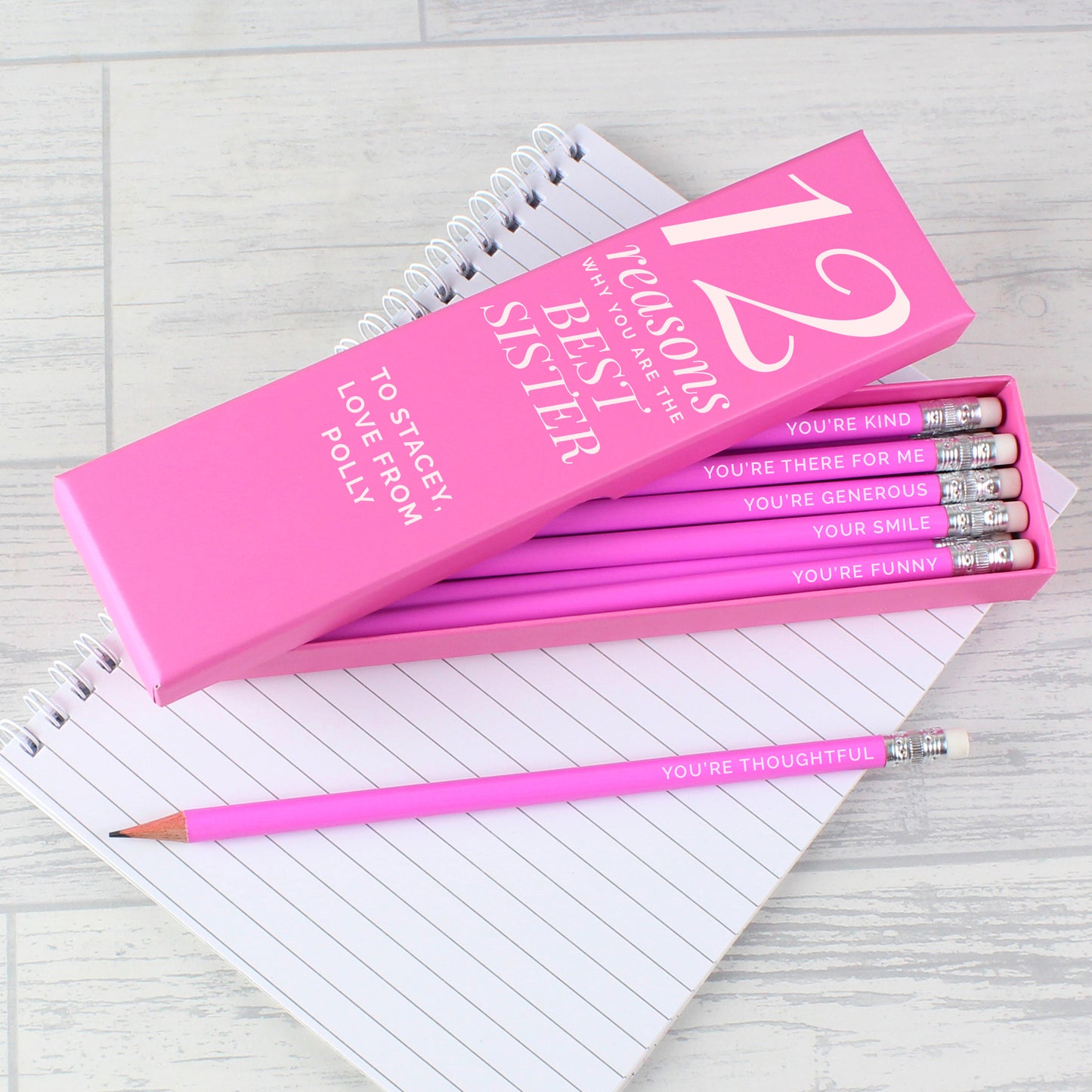 Personalised 12 Reasons Box and 12 Pink HB Pencils - MK&JD Gifts