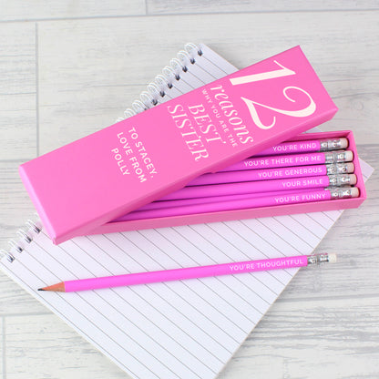 Personalised 12 Reasons Box and 12 Pink HB Pencils - MK&JD Gifts