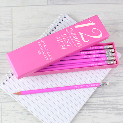 Personalised 12 Reasons Box and 12 Pink HB Pencils - MK&JD Gifts