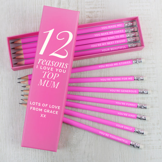 Personalised 12 Reasons Box and 12 Pink HB Pencils - MK&JD Gifts