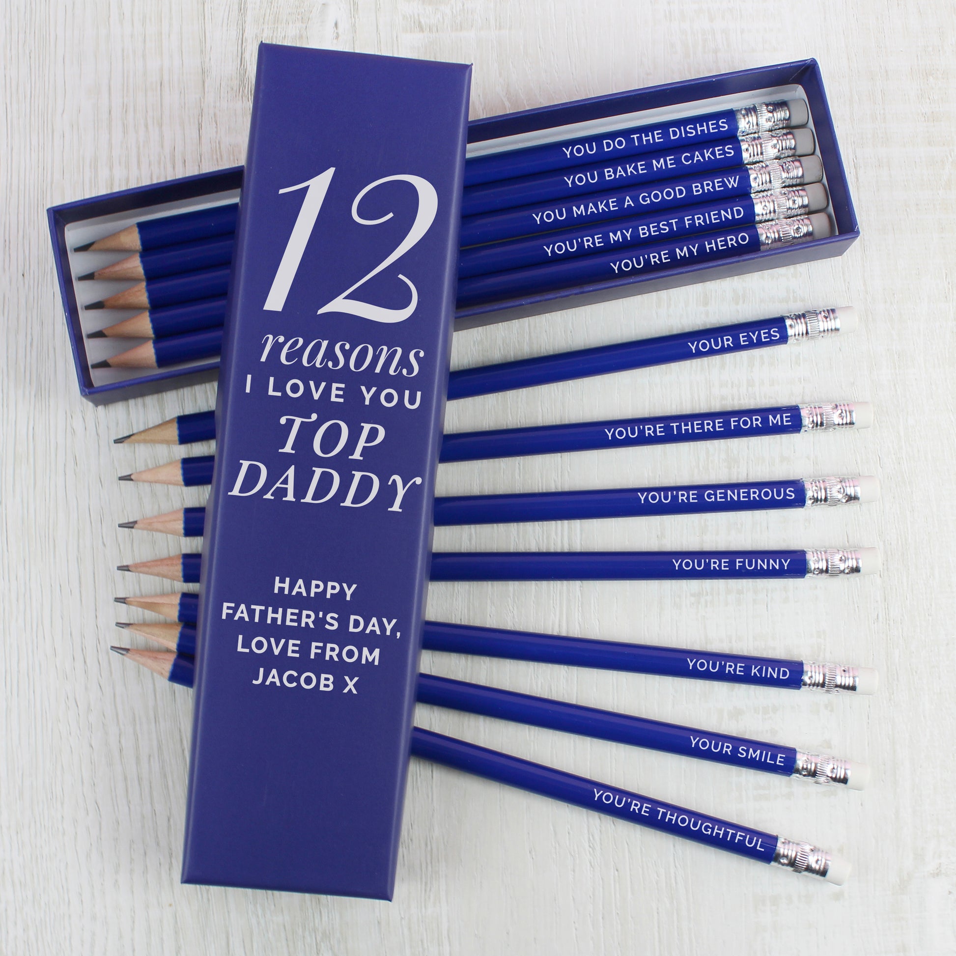 Personalised 12 Reasons Box and 12 Blue HB Pencils - MK&JD Gifts