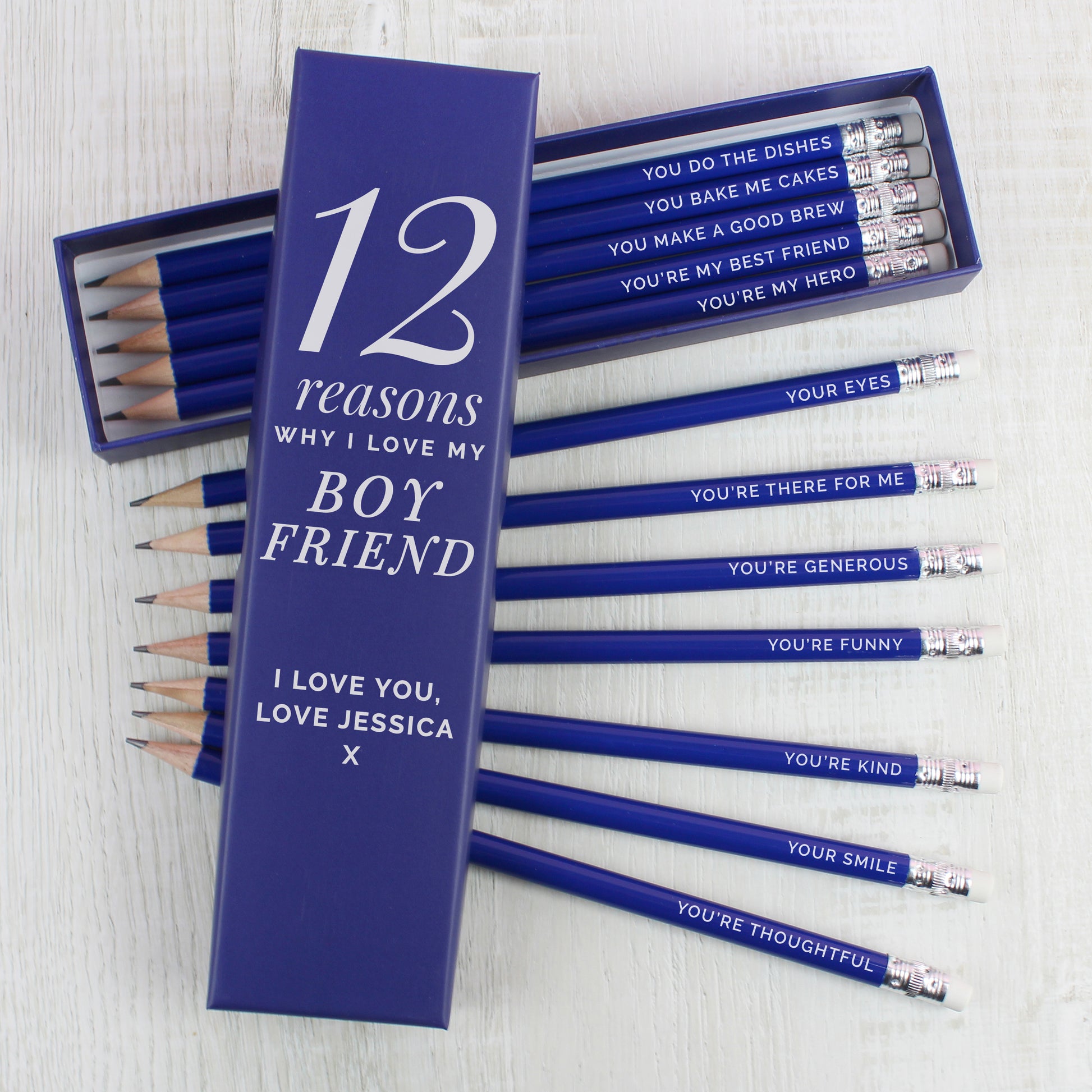 Personalised 12 Reasons Box and 12 Blue HB Pencils - MK&JD Gifts