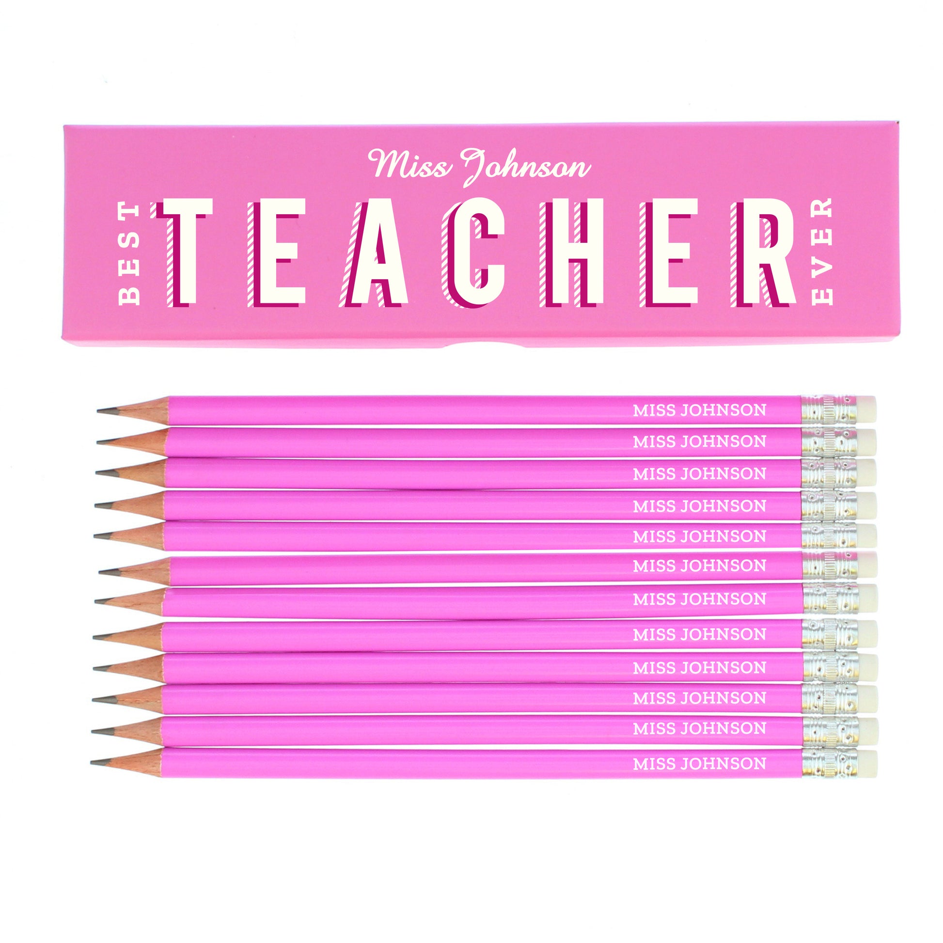 Personalised Best Teacher Ever Box and 12 Pink HB Pencils - MK&JD Gifts