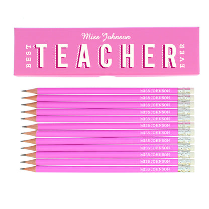 Personalised Best Teacher Ever Box and 12 Pink HB Pencils - MK&JD Gifts