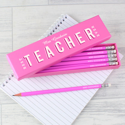 Personalised Best Teacher Ever Box and 12 Pink HB Pencils - MK&JD Gifts