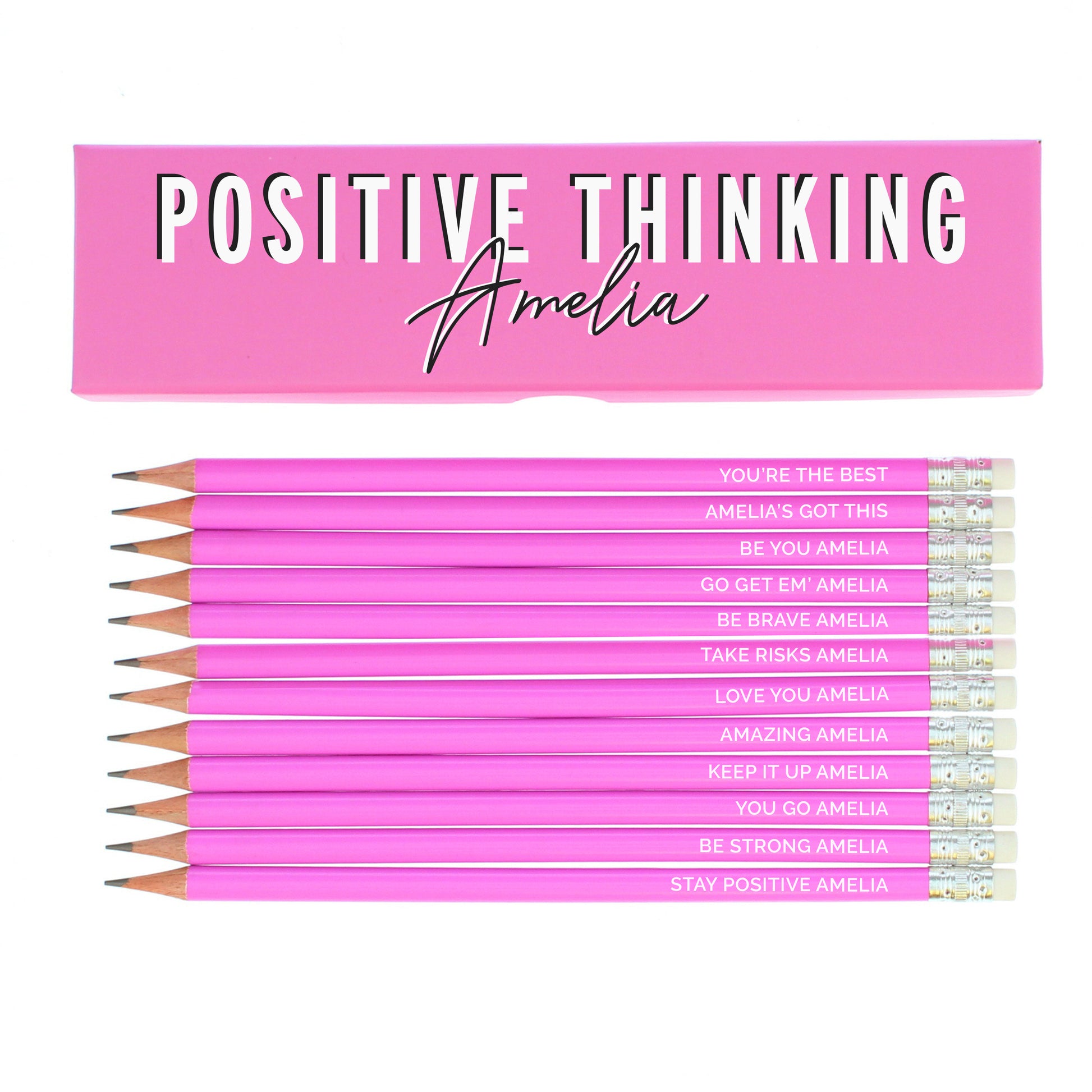 Personalised Positive Thinking Box and 12 Pink HB Pencils - MK&JD Gifts