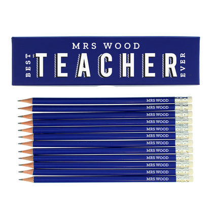 Personalised Best Teacher Ever Box and 12 Blue HB Pencils - MK&JD Gifts