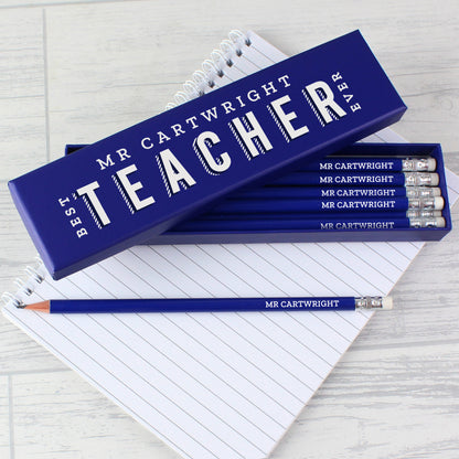 Personalised Best Teacher Ever Box and 12 Blue HB Pencils - MK&JD Gifts