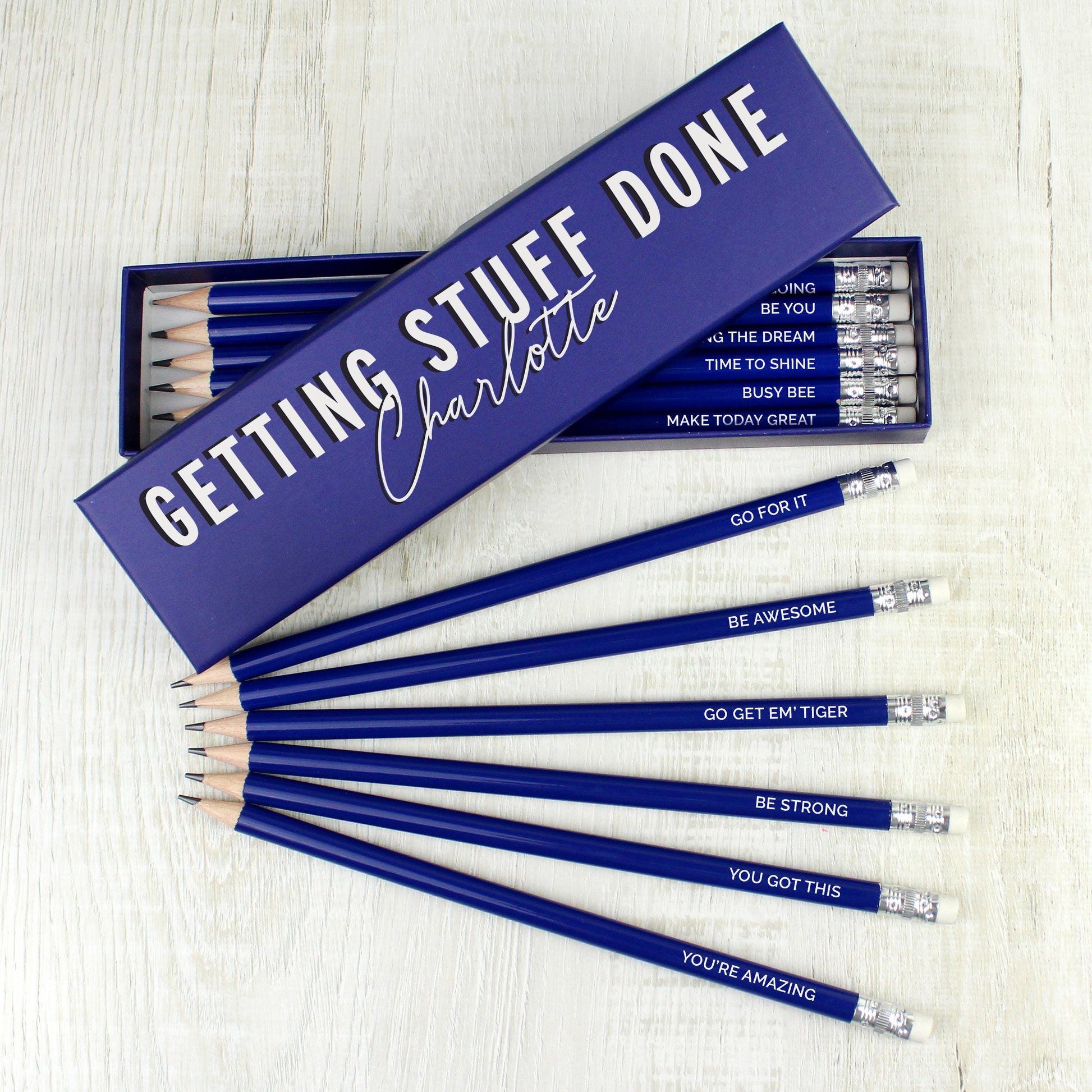 Personalised Getting Stuff Done Box and 12 Blue HB Pencils - MK&JD Gifts