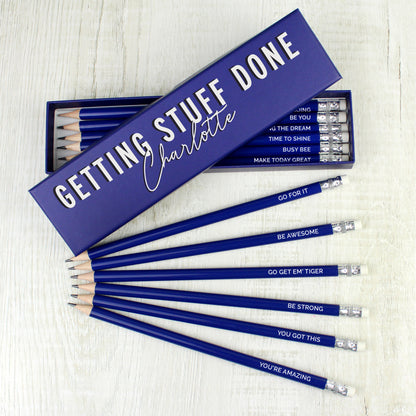Personalised Getting Stuff Done Box and 12 Blue HB Pencils - MK&JD Gifts