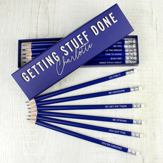 Personalised Getting Stuff Done Box and 12 Blue HB Pencils - MK&JD Gifts