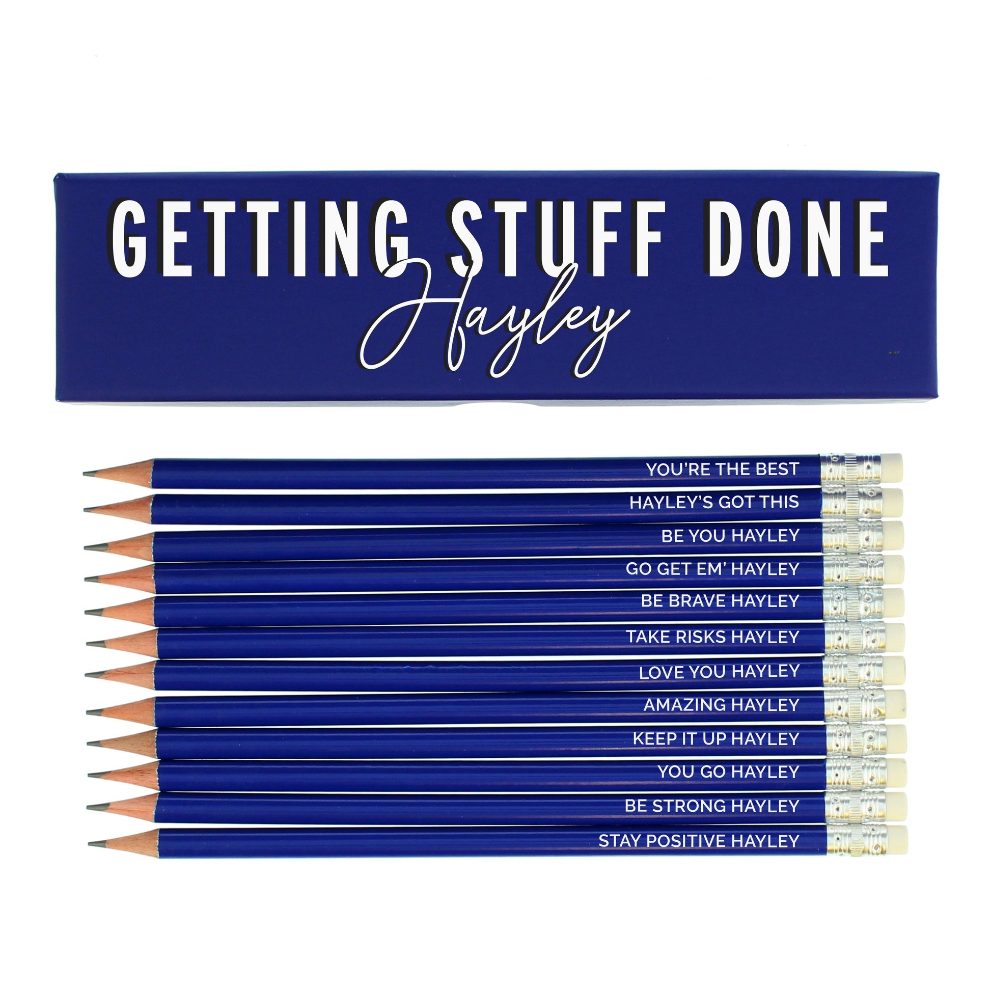 Personalised Getting Stuff Done Box and 12 Blue HB Pencils - MK&JD Gifts