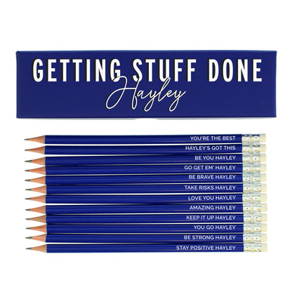 Personalised Getting Stuff Done Box and 12 Blue HB Pencils - MK&JD Gifts