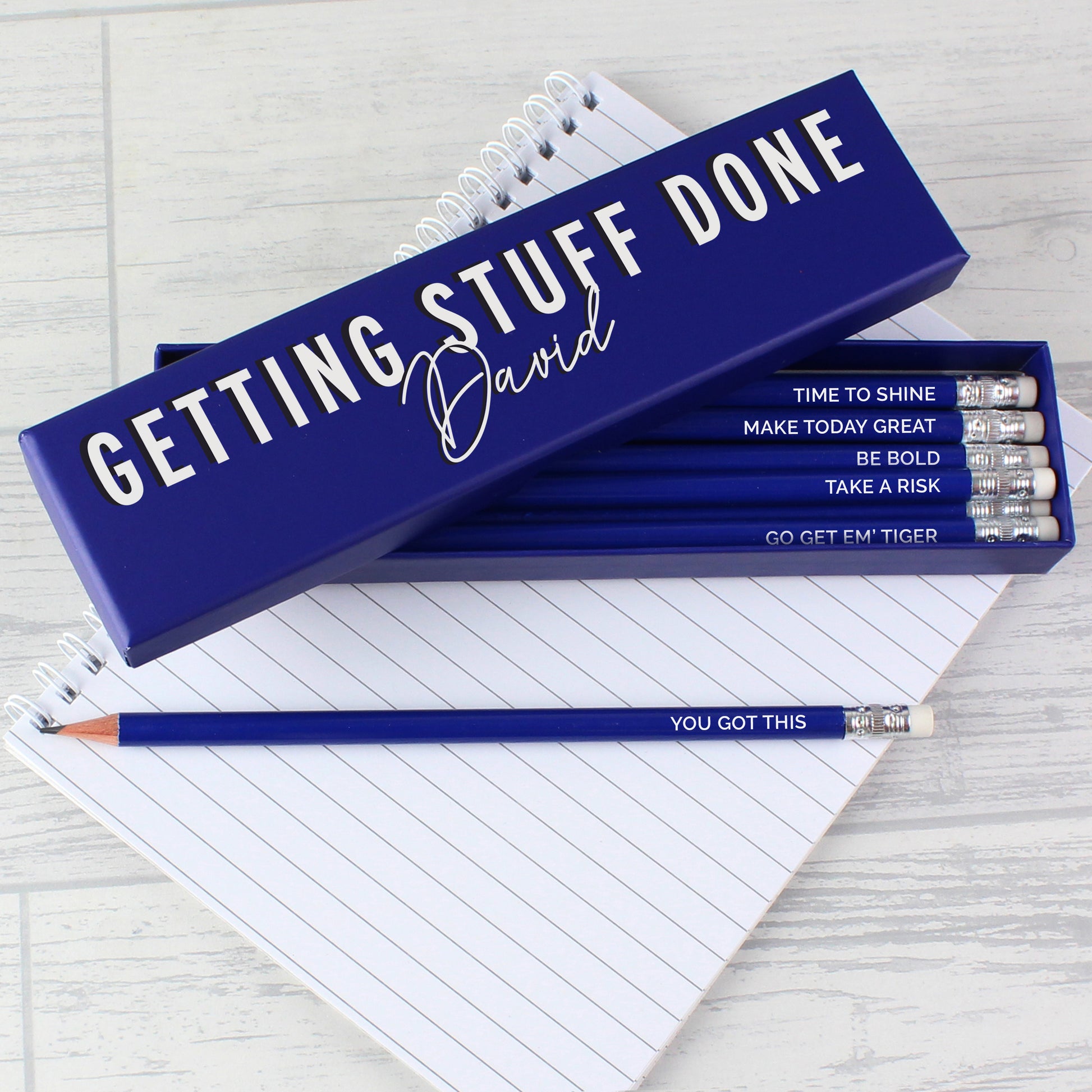 Personalised Getting Stuff Done Box and 12 Blue HB Pencils - MK&JD Gifts
