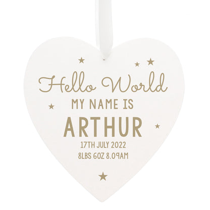 Personalised Hello World Large Wooden Heart Decoration - MK&JD Gifts