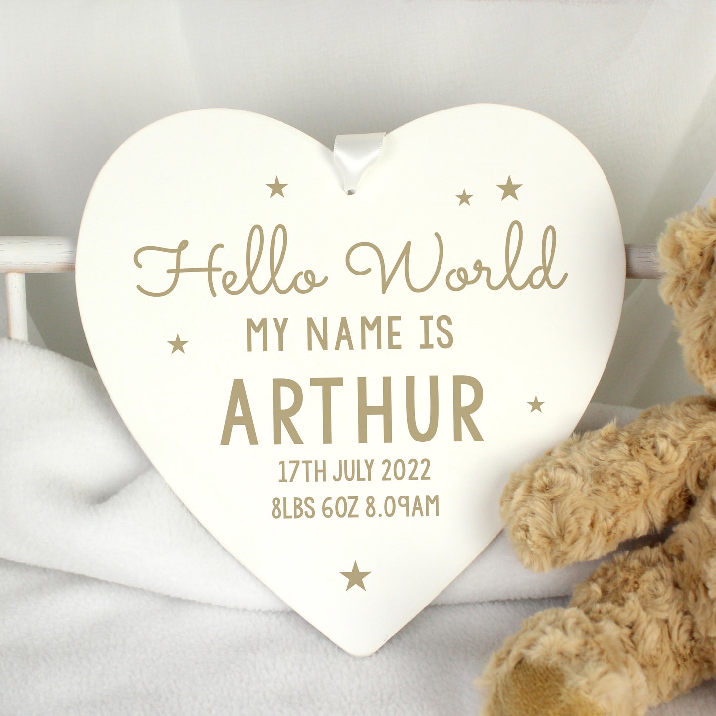 Personalised Hello World Large Wooden Heart Decoration - MK&JD Gifts