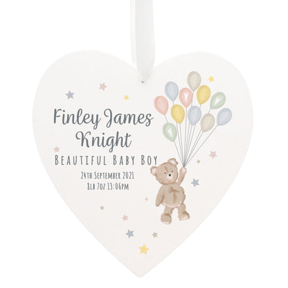 Personalised Teddy & Balloons White Wooden Heart - MK&JD Gifts