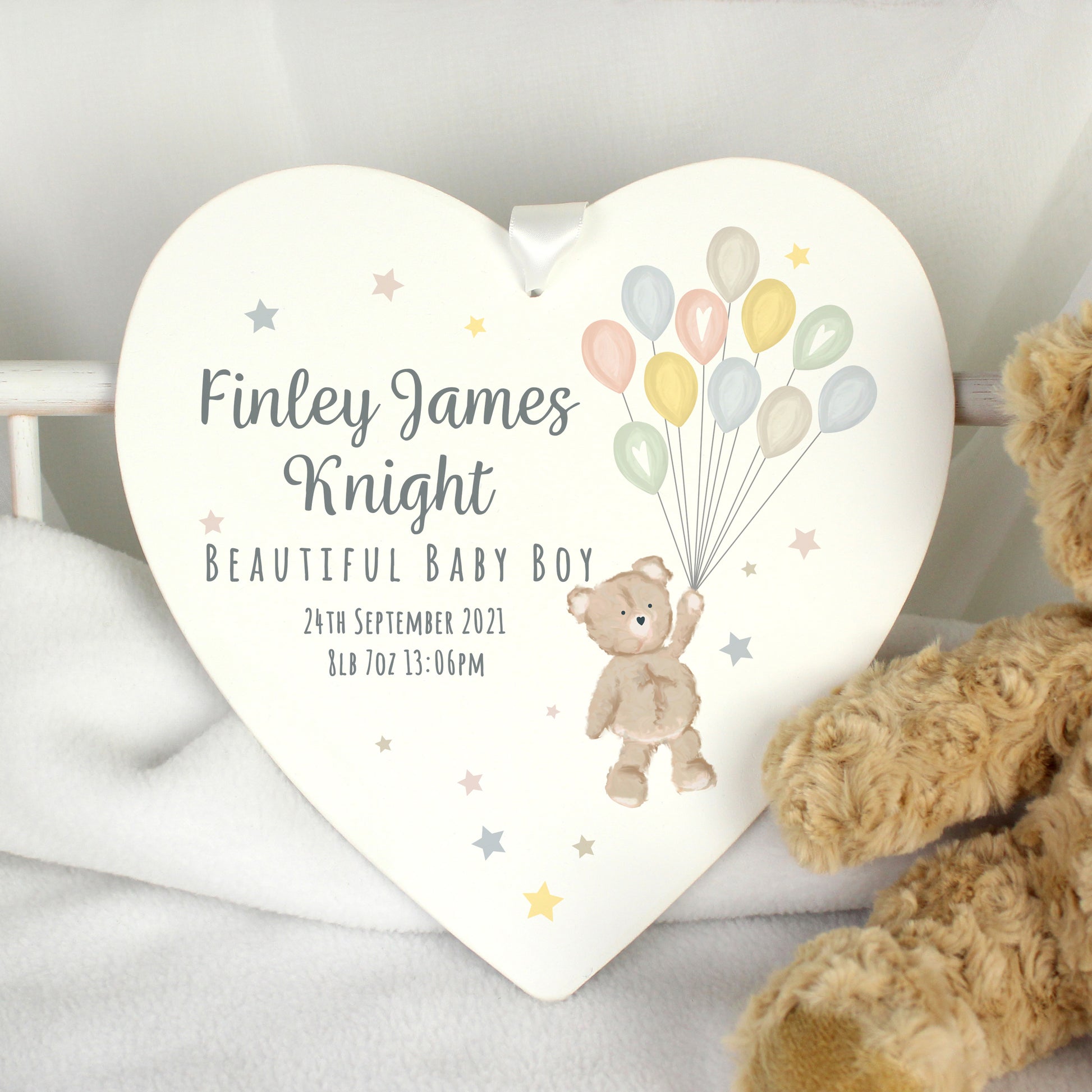 Personalised Teddy & Balloons White Wooden Heart - MK&JD Gifts