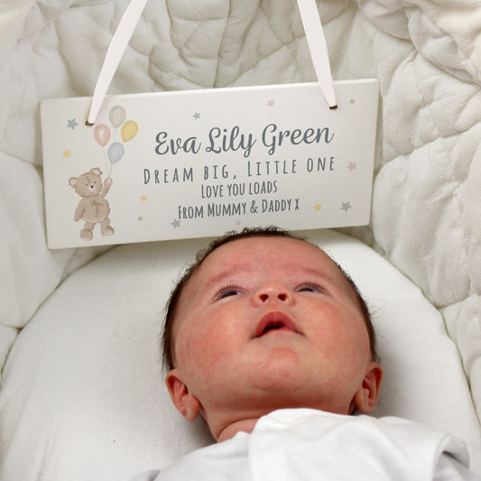 Personalised Teddy & Balloons White Wooden Sign - MK&JD Gifts