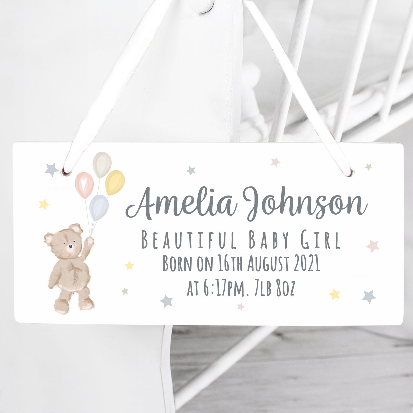 Personalised Teddy & Balloons White Wooden Sign - MK&JD Gifts